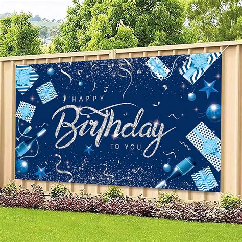 Buy GRESATEK Blue Silver Birthday Backdrop, Blue Happy Birthday Banner ...