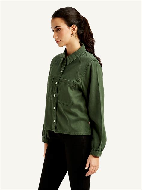 Women's Solid Olive Spread Collar Jacket – Levis India Store