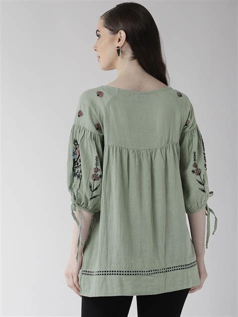Scoup Mint Green Embroidered A-line Top