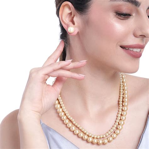 Estele Rhodium Plated Beautiful Double Line Pearl Necklace Set