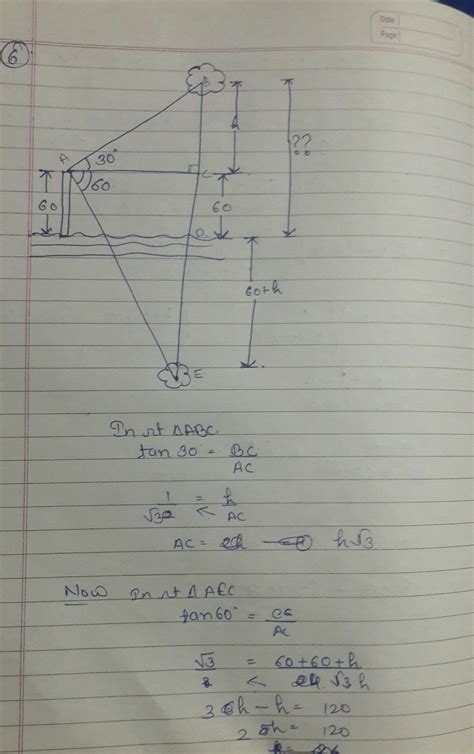 the angle of elevation of a cloud from a point 60m above a lake is 30 ...