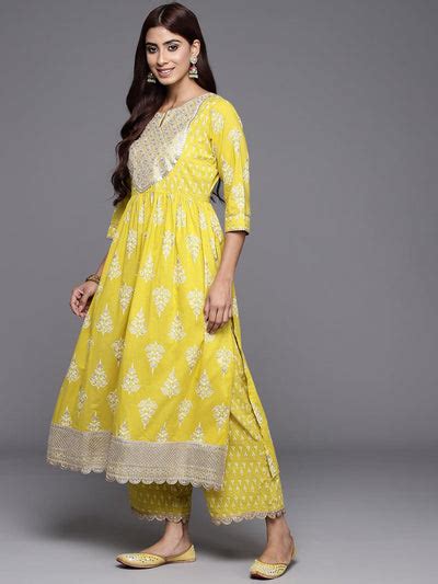 Buy Mustard Yoke Design Cotton A-Line Kurta With Palazzos & Dupatta ...