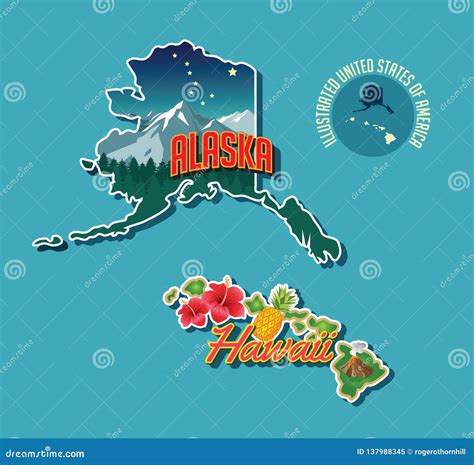 Illustrated Pictorial Map of Alaska and Hawaii Stock Vector - Illustration of trees, hawaiian ...
