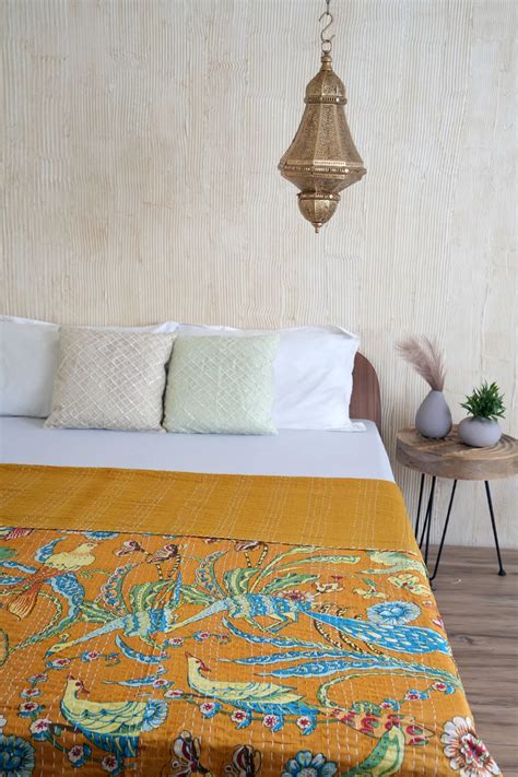Buy Peacock Kantha Quilt - Mustard Yellow