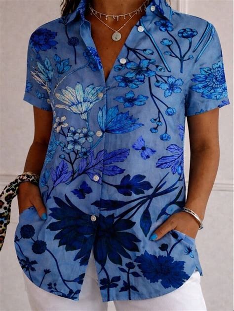 Women's Shirt Button Down Shirt Casual Shirt Summer Tops Buttons Print ...