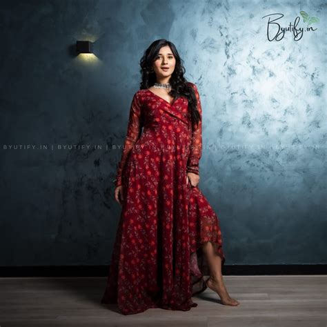 Maroon Flower Print Georgette Angharkha Gown – Byutify.in