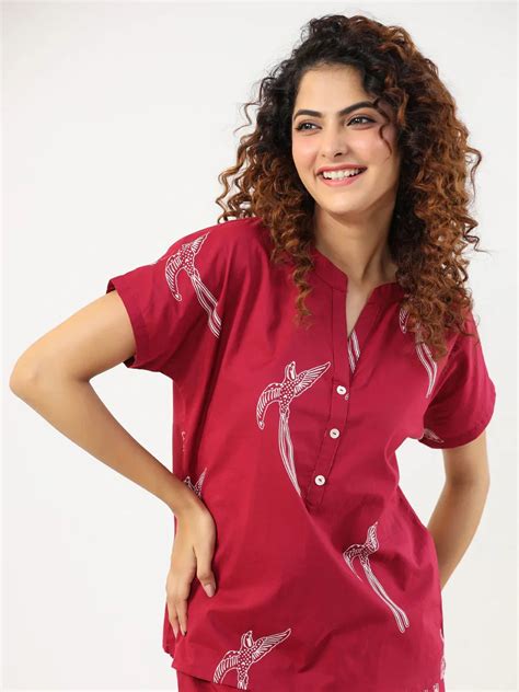 Buy Wine Conversational Eagle Printed Night Suit Set With Pyjama Online ...