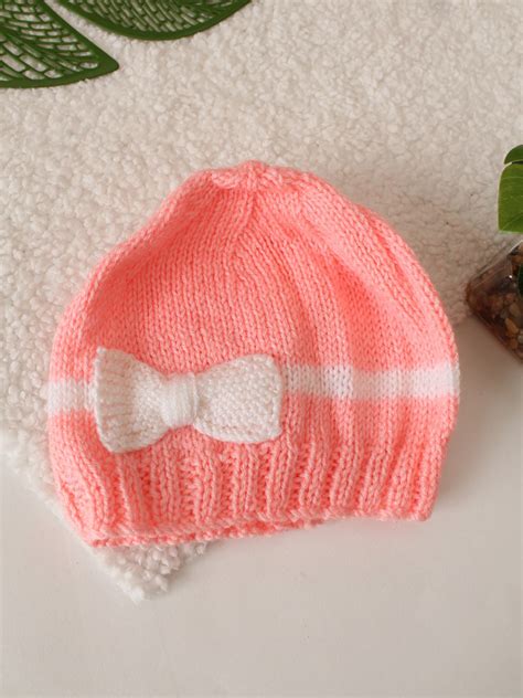 Handknitted Bow Detailed Cap - Peach
