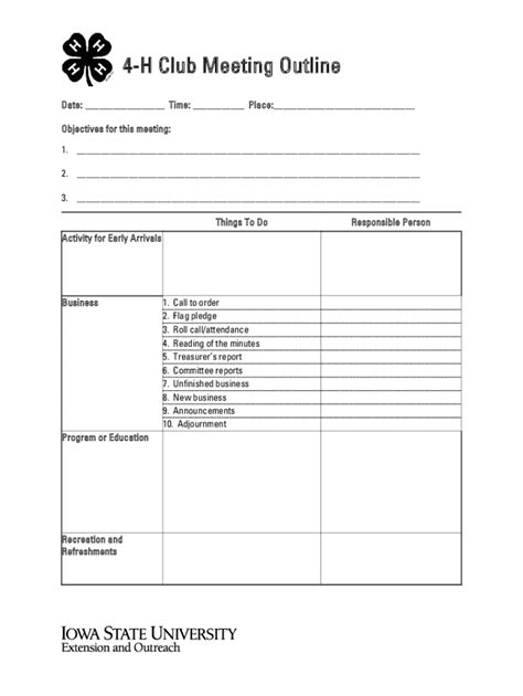 Fillable Online Sample 4-H Meeting Calendar and Program Plan ...