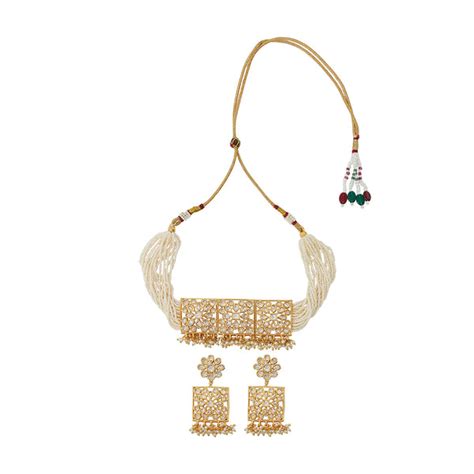 Cluster Setting Faux Kundan and White Pearls Adorned Gold Plated Brass ...