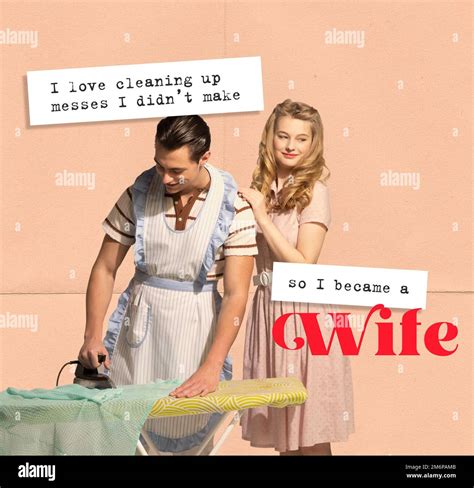 Breaking gender stereotypes. Friendly family couple in retro style ...