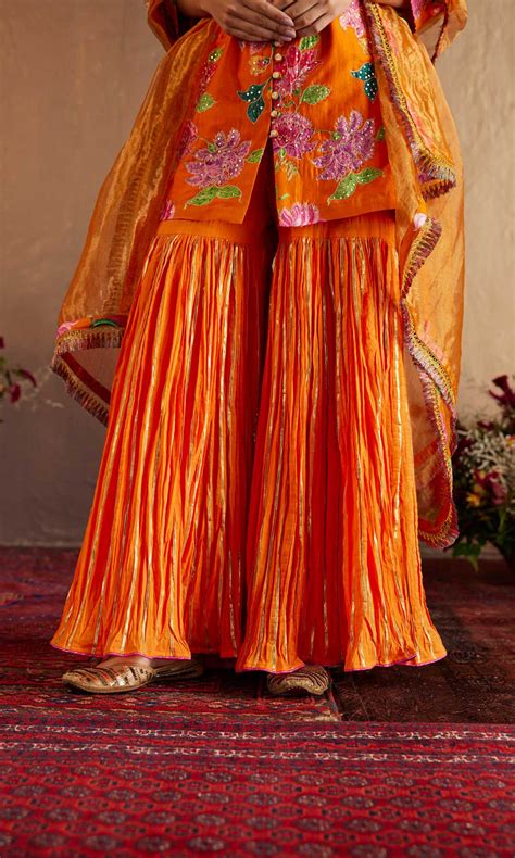 Saira Set- Orange chanderi hand embroidered sharara set (set of 3 ...