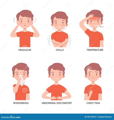 Cold and Flu Symptoms Set. Boy Suffering from Headache, Chills, Temperature, Rhinorrhea ...