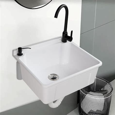 ROVSUN Plastic Wall-Mounted Utility Sink, Wall-Mounted Utility Tub with ...