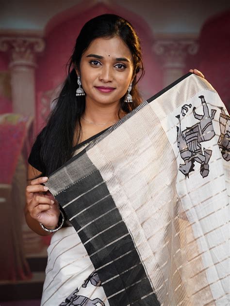 Munga Silk Saree With Digital Print Golden Zari Border - White – Sirimalle