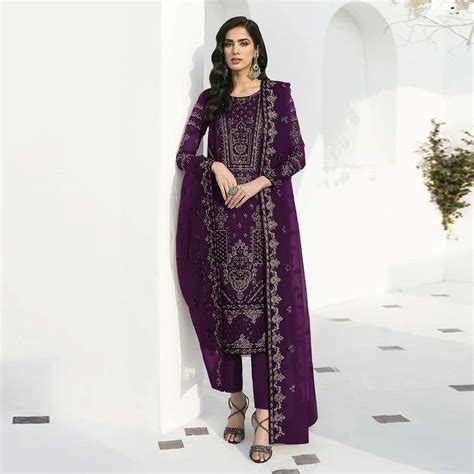 Purple Floral Embroidered Georgette Semi Stitched Pakistani Suit
