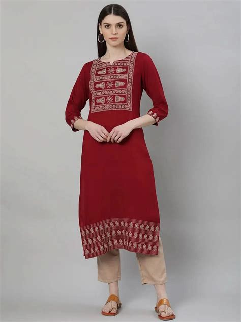 Buy Maroon Embroidered Rayon Straight Kurta With Trousers Online at Rs ...