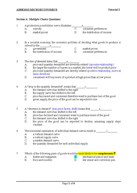 Tutorial 2 (ECON) - MICRO TTR 2 - Section A: Multiple Choice Questions ...
