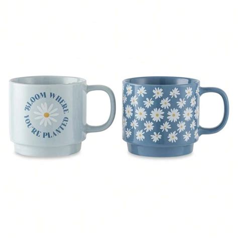 2 Pack Stacking Celestial White And Blue Mugs 14.2 Fl Oz, Stoneware ...