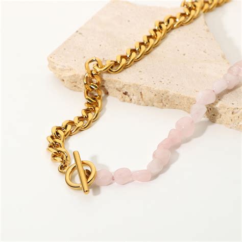 欧美热销款18K金不锈钢珠宝OT扣粉色天然石串珠缝合古巴女性项链-阿里巴巴