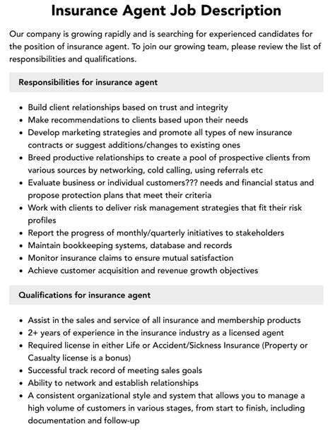 Insurance Agent Job Description Examples 的图像结果