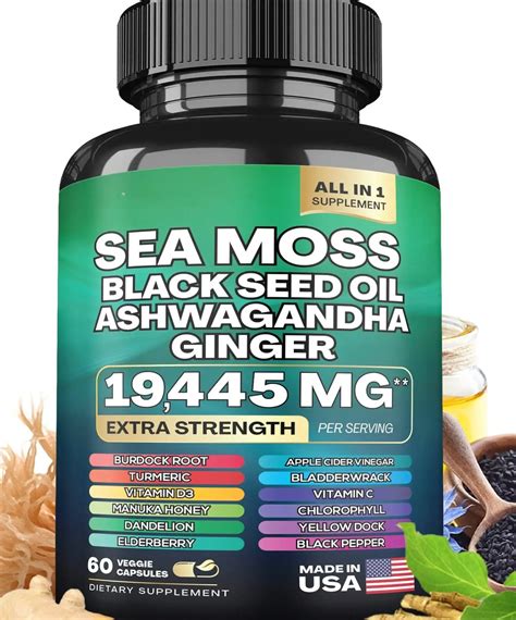 Oem Sea Moss Capsules 3000mg Black Seed Oil Ashwagandha Turmeric Bladderwrack Burdock Vitamin D3 ...