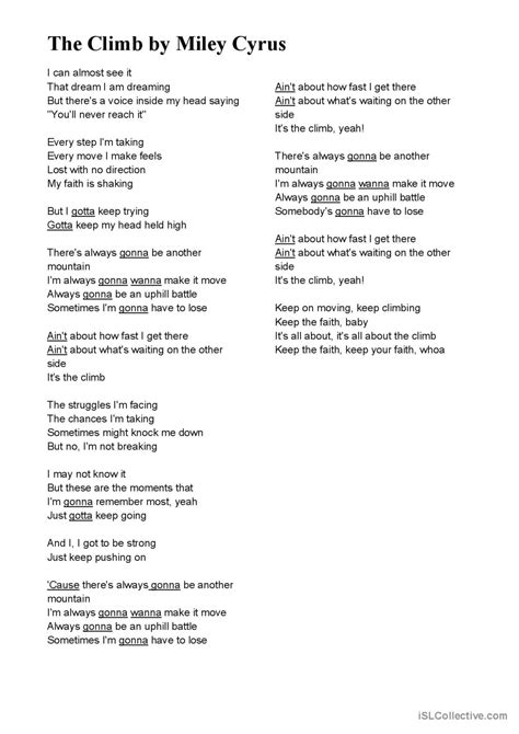 Song: The Climb by Miley Cyrus song…: English ESL worksheets pdf & doc