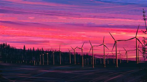 Wallpaper wind farm, turbines, night, starry sky, art hd, picture, image