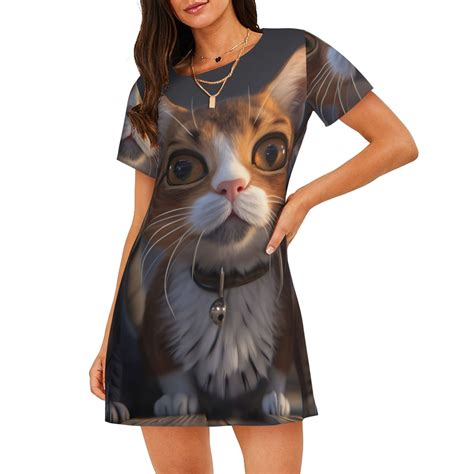 Bingfone Wide Eyed Cartoon Cats Nightgowns for Women Sleep Shirts Short ...