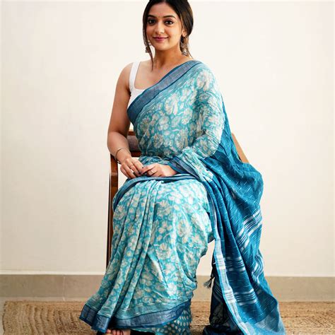 Organic Linen Printed Saree Online I Santosa Poppies I Aqua Blue – The ...