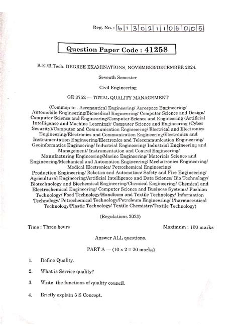 GE 3752 TQM 21 - University Degree Exam Question Paper 2024 - Studocu