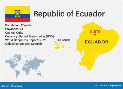 Highly Detailed Ecuador Map with Flag, Capital and Small Map of the World Stock Vector ...