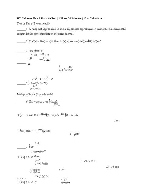 BC Calc Unit 6 Practice - BC Calculus Unit 6 Practice Test | 1 Hour, 30 ...