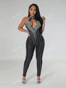 Rhinestone Detail Cut Out Front Halter Neck Backless Unitard Jumpsuit ...