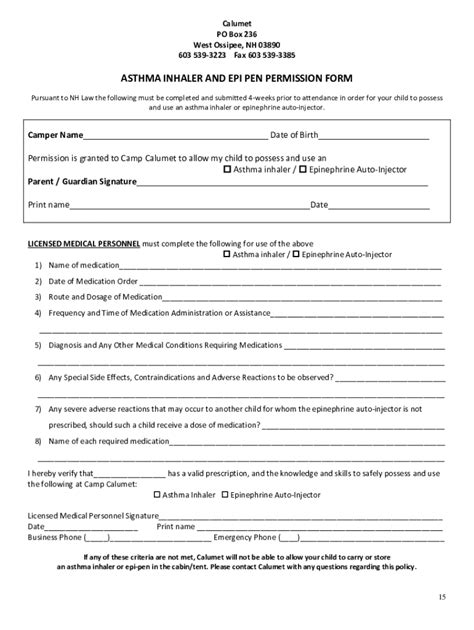 Fillable Online Asthma Inhaler and Epi Pen Permission Form Fax Email ...