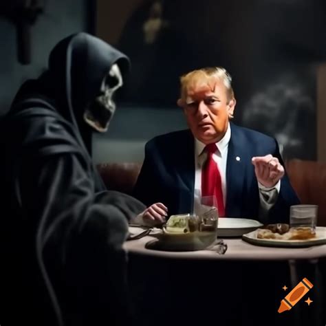 Hyperrealistic dinner scene with donald trump and a cloaked figure ...