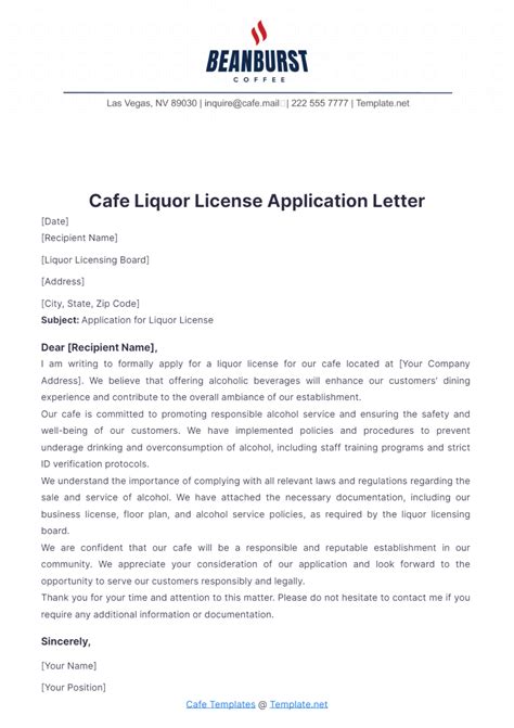 Free Cafe Liquor License Application Letter Template to Edit Online
