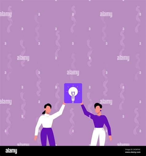 Two Colleagues Holding Lamp Presenting New Achievement Reached. Partners Raising Up Light Bulb ...