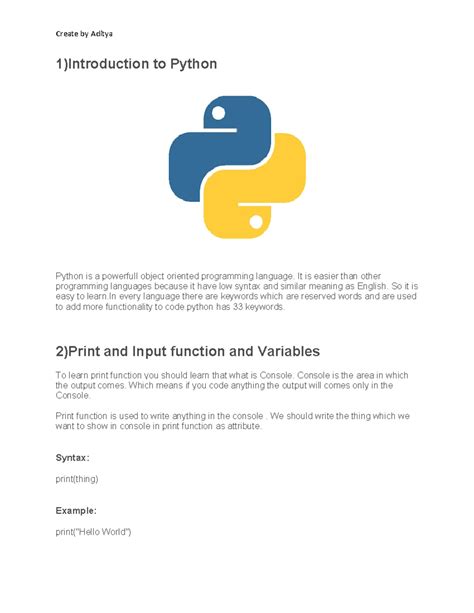 Python notes - 1)Introduction to Python Python is a powerfull object ...