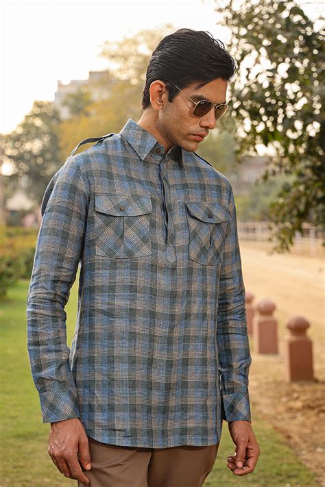 Blue Signature Contrast Checkered Kurta Shirt – rawandrustic