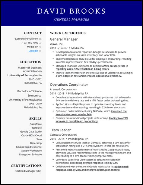 Image result for General Manager Resume Example