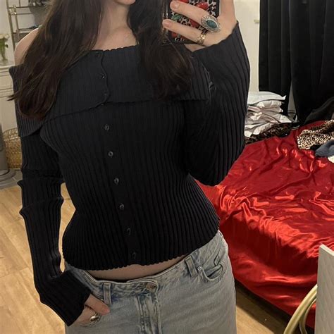 80s off the shoulder greyish blue navy sweater - Depop