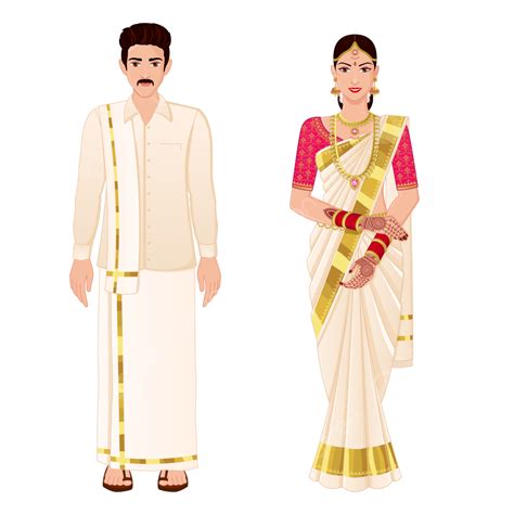 South Indian Wedding Couple Standing Wearing Silk Saree And Veshti ...