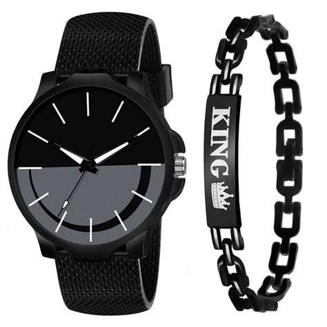 Goldenize fashion Analogue Black Dial with King Bracelet Birthday Gift ...