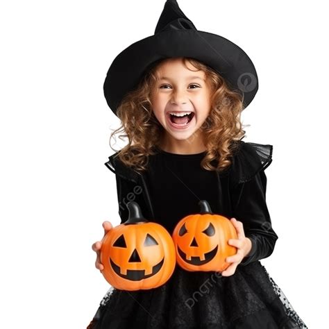 Little Girl In Witch Costume Making Different Faces On Halloween Party In The Garden, Halloween ...