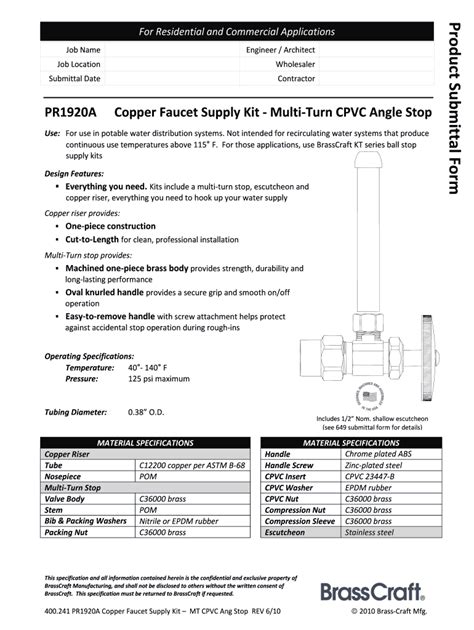 Fillable Online 400241 PR1920A Copper Faucet Supply Kit MT CPVC Ang ...
