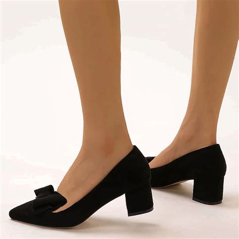 Women's Suede Bow Detail Block Heel Pumps – Elegant and Comfortable for ...