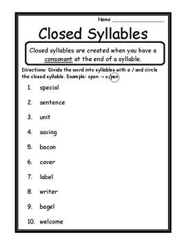 Closed Syllables Examples Worksheet 的图像结果