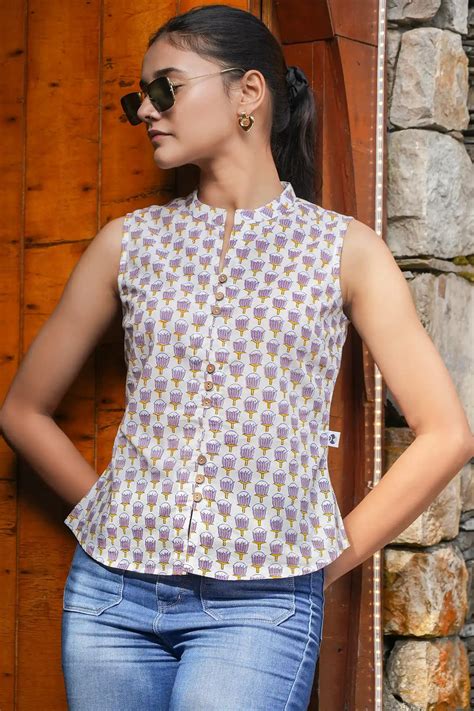 Shop Hand Block Printed Violet Top for Women Online – Nilam India