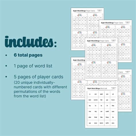 Printable Sight Words Bingo Game - Wonderful Whirl